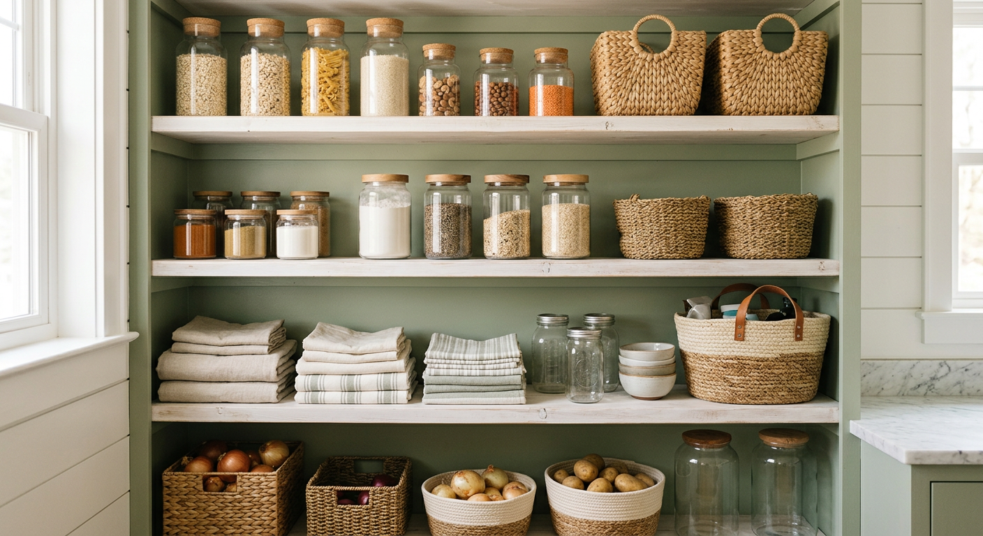 Neatly organised pantry shelves with jars, baskets and folded linen